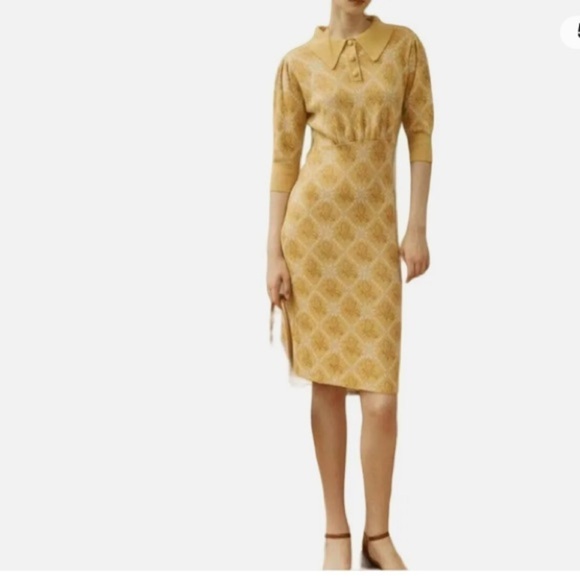 Simple Retro Ariana Floral Pattern Yellow Midi Knitted Dress Size Large pin-up - Picture 16 of 16